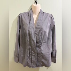 Worthington Women's Long Sleeve Cross Dye Grey Pleated V-neck Blouse Size L